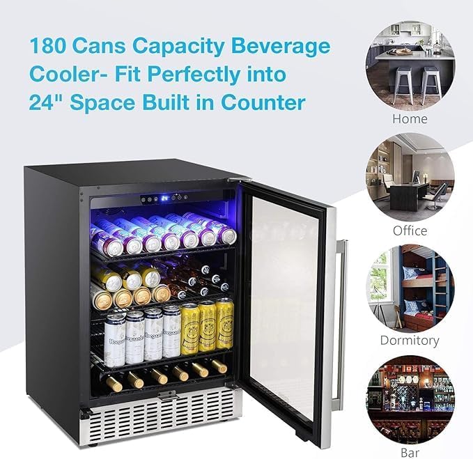 Antarctic Star Beverage Cooler, 24 Inch Built-In & Freestanding Drink Refrigerator for 180 Cans, 24" Under Counter Design for Kitchen, Bar, Office to Store Soda, Water and Wine