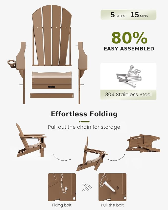 MUCHENGHY Folding Adirondack Chairs, Patio Chairs, Lawn Chairs, Outdoor Chair, Adirondack Chair Plastic, Fire Pit Chairs, Weather Resistant with Cup Holder for Deck, Backyard, Garden(Teak)
