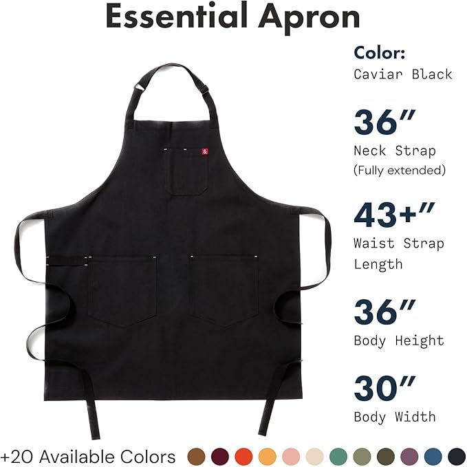 hedley & bennett Essential Apron - Adjustable Bib Chef Apron with 3 Pockets & Towel Loop - 8oz Cotton Canvas - Caviar