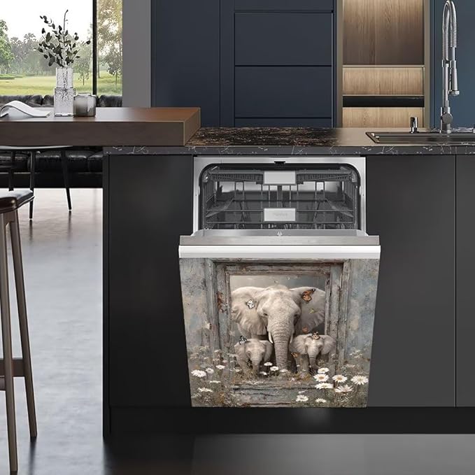 Elephant Dishwasher Magnet Cover - Kithcen Decorative Dishwasher Cover Front Door Panel Decal, Farm Wood Flower Refrigerator Magnet Fridge Sticker, Elephant Gifts for Women, 23x26 Inch