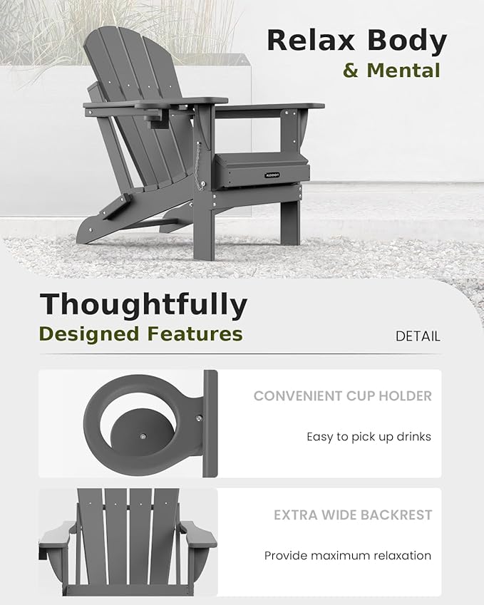 MUCHENGHY Folding Adirondack Chairs HDPE Weather Resistant 4 Pack, Patio Firepit Chairs, Sturdy Outside Chairs, Lawn Chairs, 15min Assembly 380lb Grey
