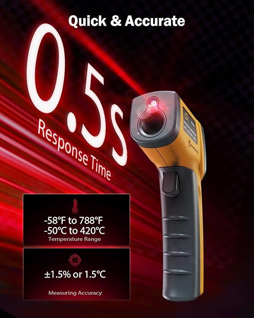 Infrared Thermometer Laser Temperature Gun, Digital Surface Heat Temp Gun Non-Contact for Cooking Food, Pizza Oven, Griddle Meat, Refrigerator, HVAC, Grill, Engine -58℉~788℉