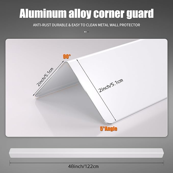 2x2x48 Inch 304 Stainless Steel White Wall Corner Guards (5-Pack) Heavy Duty Rounded Corner Protector, Smooth Folded Edge Design for Wall Protection 90° Angle Metal Edge Guard Stainless Steel Slab
