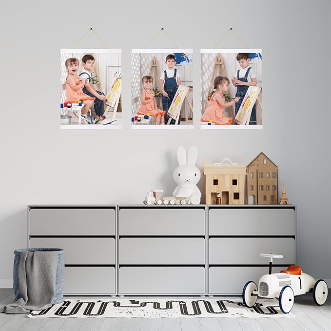 3 Pack Magnetic Poster Hanger Frame White, 8x10 8x12 8x16 Poster Frame Wood Wooden Magnet Print Posters Dowel Scroll Hanger Hangers Hanging Kit for Walls Map Canvas Artwork