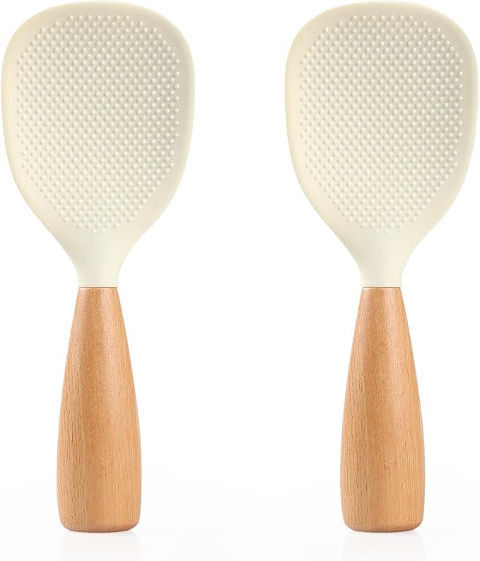 2 Pack Silicone Rice Paddle Spoon with Wood Handle, Nonstick Standing Rice Cooker Spatula Kitchen Tool, White