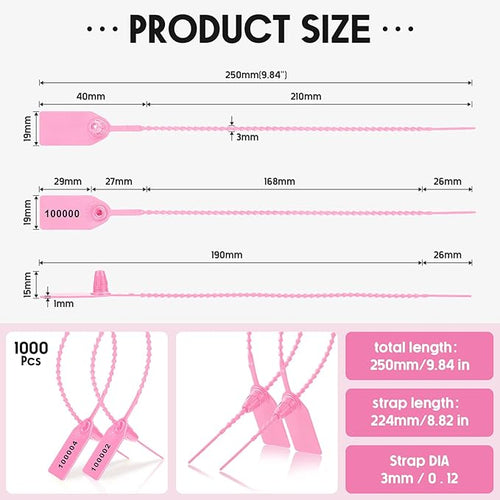 1000 Pcs Plastic Tamper Seals Fire Extinguisher Tags Security Tags Seals Safety Numbered Zip Ties Labels Safety Disposable Self Locking Signage 250 mm Length (Pink)