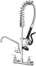 Commercial Kitchen Faucet Heavy Duty Wall Mount Sink Faucet, 8 Inch Center 25 Inch Commercial Kitchen Faucet with Pre-Rinse Sprayer （Black） and 10 Inch Add-On Spout for 1,2,3 Compartment Sinks