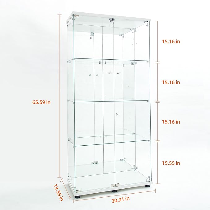 Yoluckea 4 Tiers Glass Display Cabinet with Bluetooth LED Light Strip, 2 Doors Floor Standing Curio Cabinet with Adjustable Feet and Mirror Back Panel, White Glass Bookshelf for Collections, Wood Top