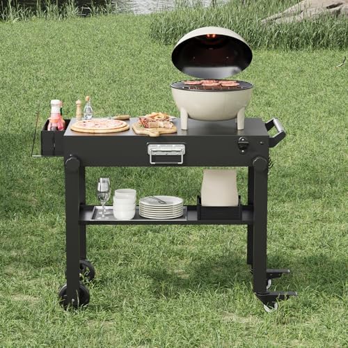 Heavy Duty Folding Grill Cart for Blackstone 17"/22" Griddle - Portable Outdoor BBQ Table with Stainless Steel Tabletop and Locking Wheels, Rolling Catering Food Cart for Camping and RV, Black