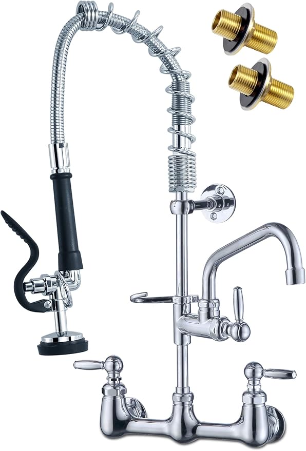Commercial Sink Faucet with Sprayer with 8 Inch Swivel Spout 8" Center Wall Mount 3 Compartment Sink Faucet 24" Height Pre Rinse for Commercial Restaurant Kitchen, Chrome, Solid Brass