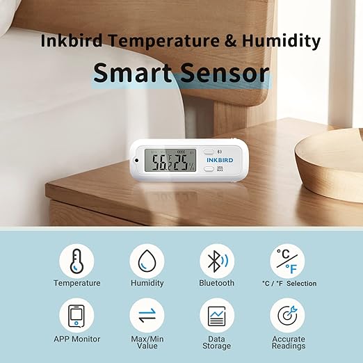 Inkbird Mini Digital Thermometer and Hygrometer, Temperature Humidity Bluetooth Smart Sensor, for Guitar Humidor Mason Jar Incubators
