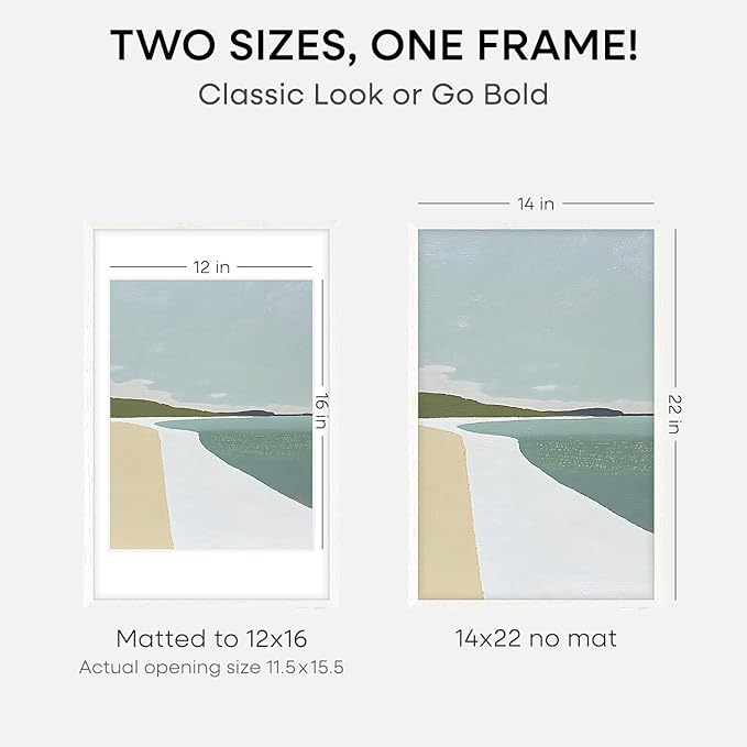 Homeforia 14x22 Picture Frame White, High End Oak 14x22 White Wood Frame with Mat 12x16 Photo, 14 x 22 Wooden Poster Frames Matted to 12 by 16, 22x14 Hanging Frames, Tempered Glass, Wall Kit, Set of 2