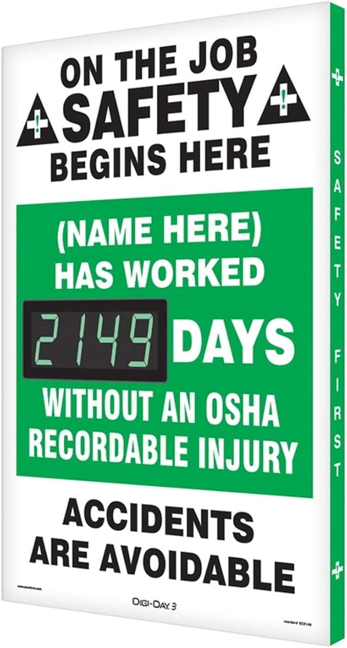 SmartSign "On The Job Safety - Add Your Name Here, Has Worked_ Days Without Injury" Custom Electronic Safety Scoreboard | 20" x 28", Made in USA