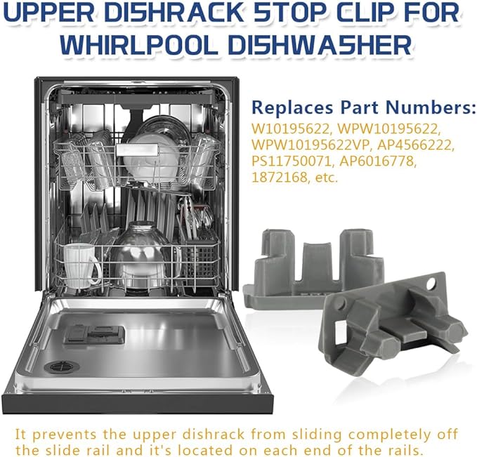 [Upgraded] W10195622 Dishwasher Rack Stop Clip, Upper Dishrack Slide Rail Rear Stop fit for Whirlpool, Kenmore Dishwasher, Replaces AP4566222, PS11750071, 1872168 (4 Pack)
