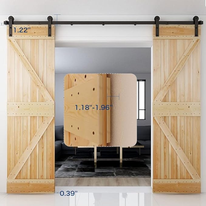 CCJH 8FT Sliding Barn Door Hardware Kit, Heavy Duty, Smoothly and Silently, Easy to Install, Fit 24" Width Double Door Panel, I Shaped Hangers Black