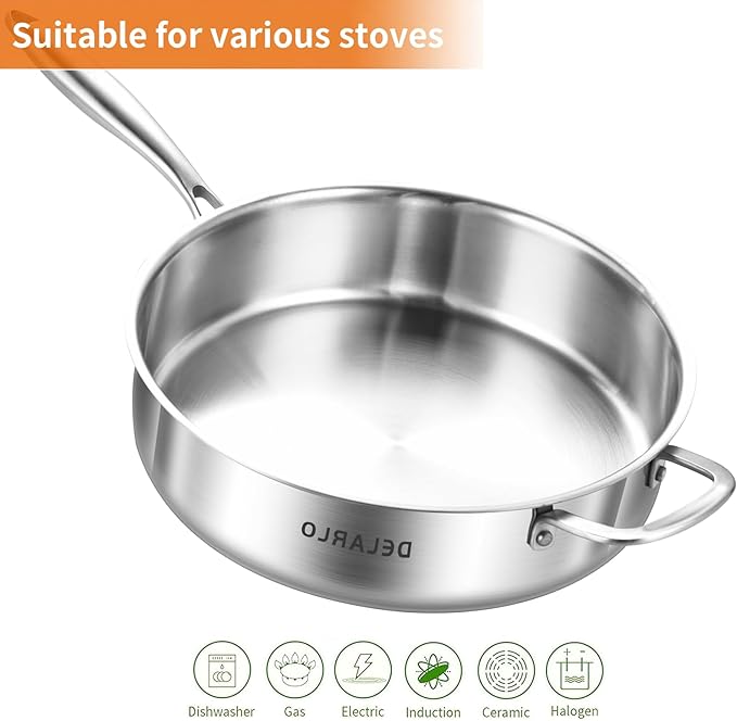 DELARLO Tri-Ply Stainless Steel Frying Pan,12 inch Skillet with Lid,6 Quart Saute Pan,Compatible with All Cooktops,Oven Up to 660℉,Chicken Fryer,Dishwasher-Friendly