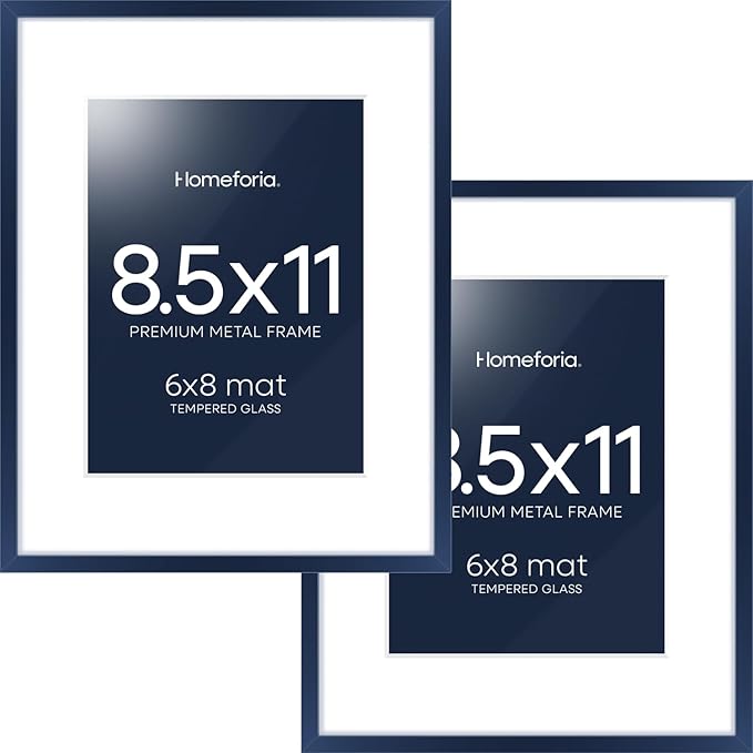 Homeforia 8.5x11 Navy Blue Frame, High End Metal 8.5 x 11 Picture Frames with Mat 6 by 8 inch Photo, 11x8.5 Poster Frame Matted to 6x8 Print, Wall or Tabletop Frame, Tempered Glass, Wall Kit, Set of 2