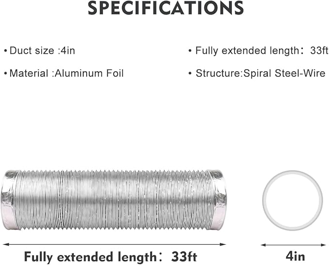 4-Inch Dryer Vent Hose 33FT, Flexible Aluminum Duct with 2 Clamps, Heavy-Duty Four Layer Protection for HVAC Ventilation and Exhaust
