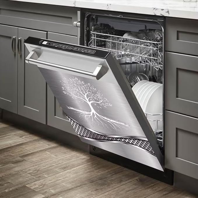 Imitation Stainless Steel Design Tree Painting Dishwasher Magnetic Cover Sticker Refrigerator Door Panel Fridge Appliance Magnet Decal Sheet Kitchen Decor 23x26 inch