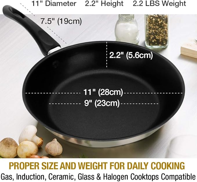 HOMICHEF 11 Inch Nonstick Frying Pan and Skillet - The Ultimate Omelet Pan with Glass Lid, Nickel Free Stainless Steel, Induction Compatible & Vented Cover
