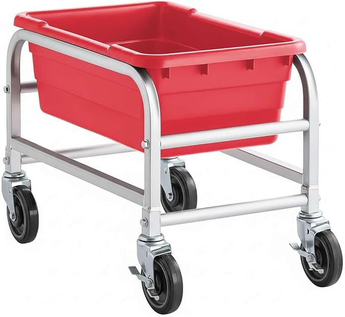 16"x26"x19" Mobile Aluminum Lug Rack with Red Meat Lug Tote Box - NSF Heavy-Duty 1 Lug Capacity Food Storage Cart with 5" Swivel Casters, Freezer Safe, Commercial Cart for Seafood, Ingredients