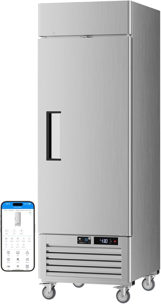 VEECOOL 27" WiFi Enabled Commercial Freezer Upright with App Control, 23 cu.ft. Stainless Steel Single Door Reach-in Freezer with 4 Shelves, Right Hinged Door, Auto Defrost, ETL&ETL Sanitation