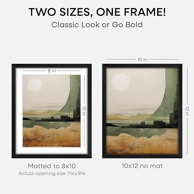 Homeforia 10x12 Picture Frame Black Wood, High End Oak 10x12 Poster Frames with Mat 8x10, 10 x 12 Wooden Frame Matted to 8 x 10 inch Photo, 12x10 Thin Hanging Frame, Tempered Glass, Wall Kit, Set of 2