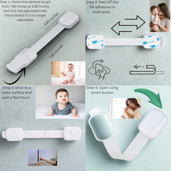 Child Safety Cabinet Locks (2 Pack) – Adjustable Baby Proofing Strap Latches with Strong 3M Adhesive – No Drill Childproof Locks for Drawers, Cabinets, Fridge, Door, Closet, White