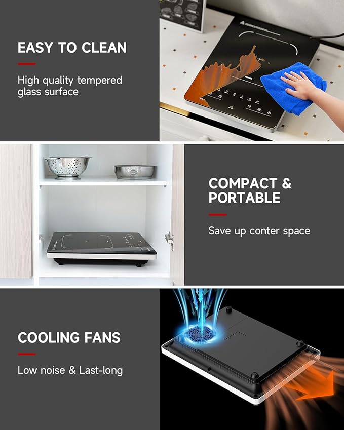 Portable Electric Stove,110V Electric Hot Plate Single Burner Electric Cooktop Countertop Burner with 6 Preset Functions,10 Power Levels,LED Touch Control, Child Lock &Timer