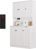 71" Pantry Cabinet with Charging Station, Tall Kitchen Pantry Storage Cabinet with Microwave Stand, Farmhouse Kitchen Hutch with Storage Drawer for Living Room, Dining Room, White