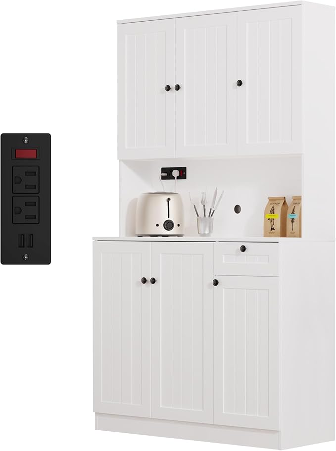 71" Pantry Cabinet with Charging Station, Tall Kitchen Pantry Storage Cabinet with Microwave Stand, Farmhouse Kitchen Hutch with Storage Drawer for Living Room, Dining Room, White