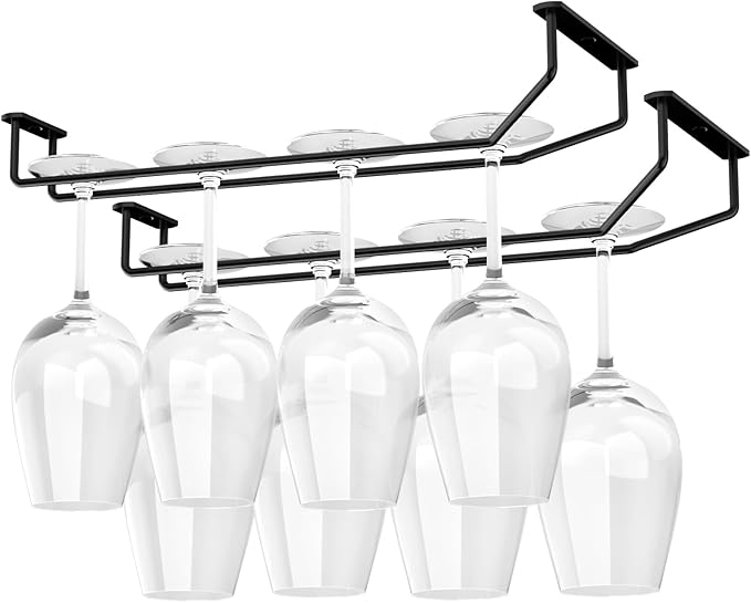 14-Inch Wine Glass Holder - Under Cabinet Metal Stemware Rack for Kitchen Bar - Single Rail Hanging Storage Hanger, Set of 2
