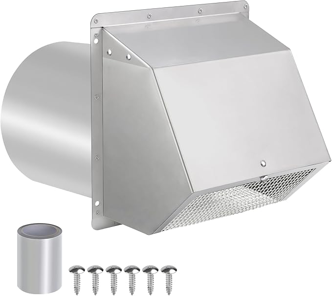 8 inch Wall Vent Ccover,Exhaust Vent Hooded Wall Vent with Screen and Damper,Outdoor Wall Exhaust Vent Cap Exterior Air Vent Cover for Kitchen Range Hood HVAC Duct Dryer Ventilation,Stainless Steel