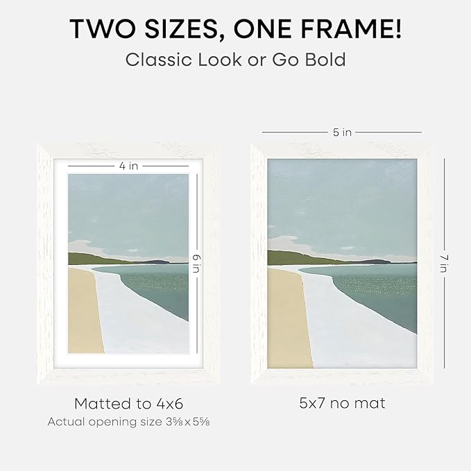 Homeforia White Picture Frames 5x7, High End Oak 5x7 Wooden Frame with Mat 4x6 Art, 5 x 7 White Wood Frames Matted to 4 x 6 inch Photo, 7by5 Wall or Tabletop Frame, Tempered Glass, Wall Kit, Set of 2