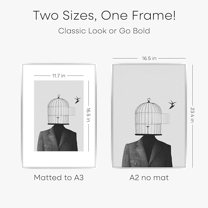 Homeforia A2 Poster Frame Silver, High End Metal A2 Picture Frames Silver with Mat A3 Print, 16.5x23.4 Frames Matted to 11.7x16.5 Photo, 16.5 by 23.5 Hanging Frames, Tempered Glass, Wall Kit, Set of 1