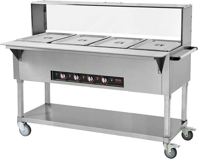 VEVOR 4-Pan Commercial Food Warmer, 4 x 20.6QT Electric Steam Table, 2000W Professional Buffet Catering Food Warmer with Acrylic Sneeze Guard, Food Grade Stainless Steel Server for Party Restaurant
