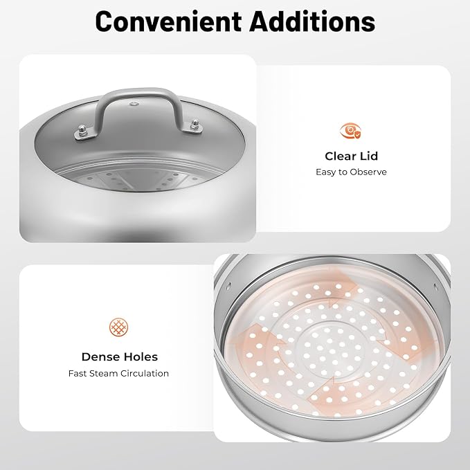 5-Tier Food Steamer Pot for Cooking, 2.38 Gal Stainless Steel Steamer Pot with Lid, Stackable Steaming Pots Steam Cooker Cookware for Dumpling Seafood, Compatible with Gas Stove (12.8 Diameter)
