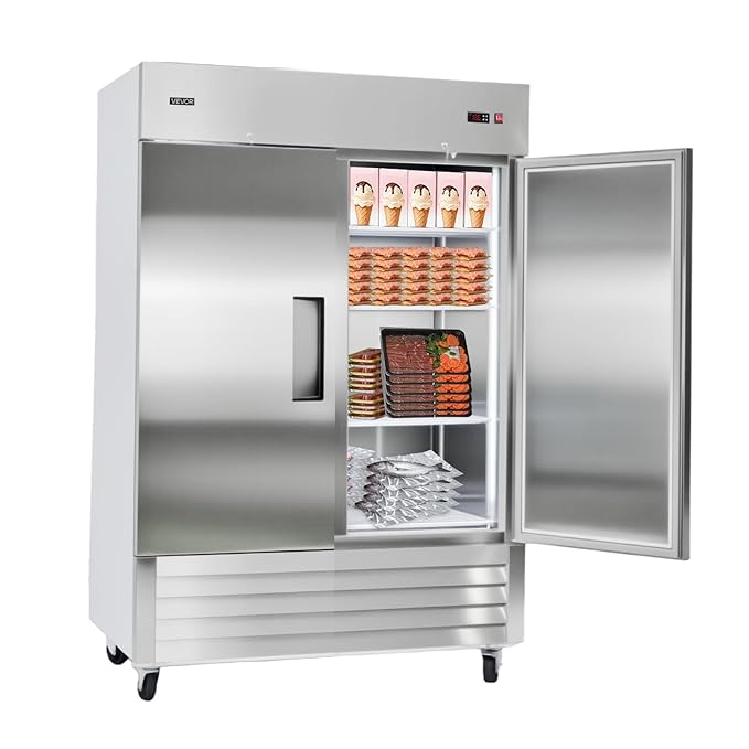 VEVOR Commercial Reach-In Freezer 54" W, 44 Cu.Ft Stainless Steel Upright Freezer with Double Doors, Auto-Defrost, 8 Adjustable Shelves, -11 to 14℉ Temp Control, ETL Certified