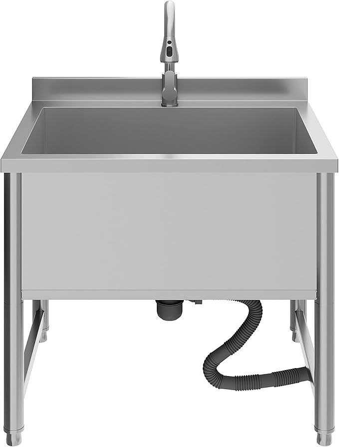 Stainless Steel Commercial Restaurant Sink, Freestanding Large Commercial Sink with Pull-out Faucet for Kitchen Dishwashing, Thawing, Pet Cleaning, Laundry Room, 23.6"D x 27.5"W x 36.8"H