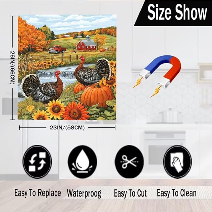 Autumn Farm Scene with Pumpkins Magnetic Dishwasher Cover Vinyl Sticker,Thanksgiving Turkeys Dishwasher Magnet Cover, Fridge Door Cover Magnets Art Skin Panel Decal for Home Decor, 23"X26"