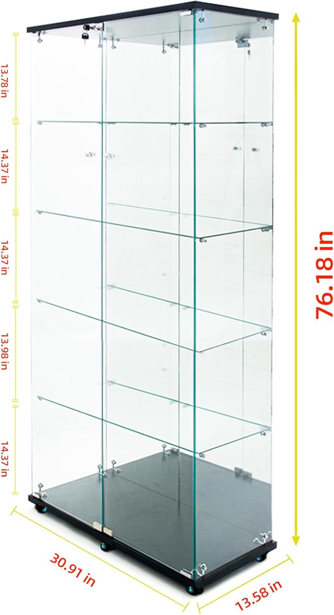 Yoluckea 5 Tiers Glass Display Cabinet with Bluetooth LED Light Strip, 2 Doors Floor Standing Curio Cabinet with Universal Wheel and Mirror Back Panel, Black Glass Bookshelf for Collections, Wood Top