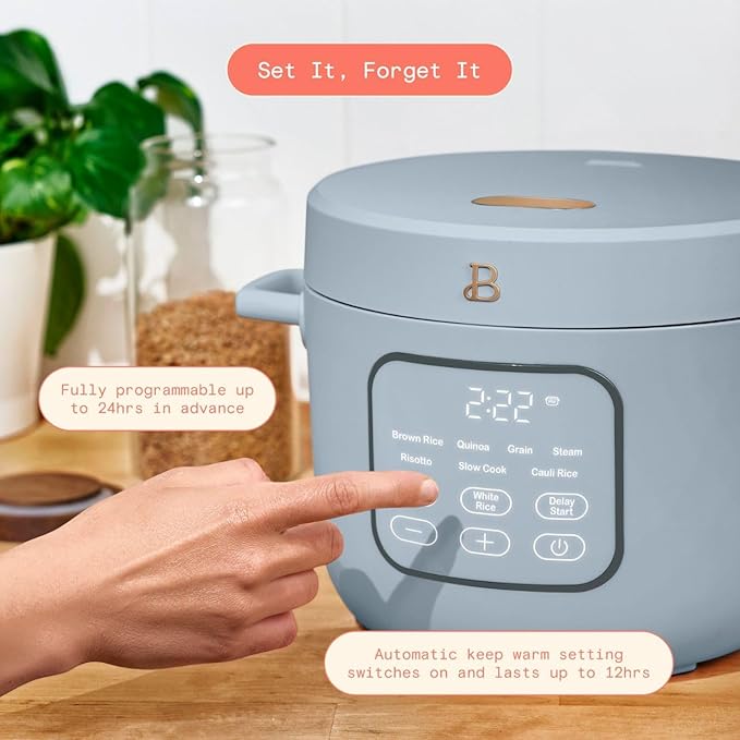 Beautiful 14-Cup Electric Rice & Grain Cooker, Ceramic Nonstick, 8 Presets, Slow Cook, Steamer Tray (Cornflower Blue)