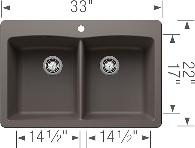 BLANCO 443104 Diamond Silgranit Double Bowl Undermount or Drop-In Kitchen Sink, 33" L X 22" W - Volcano Gray