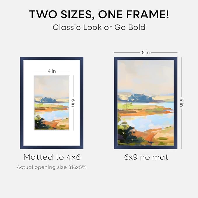 Homeforia 6x9 Picture Frame Navy Blue, High End Metal 6 x 9 Frames with Mat 4 x 6 for Print, 6by9 Desk Frame Matted to 4x6 inch Photo, 6 by 9 Wall or Tabletop Frame, Tempered Glass, Wall Kit, Set of 1
