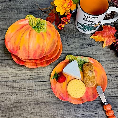 UP Pumpkin-Shaped Melamine Plates - Fall Harvest Theme, BPA-Free, Dishwasher Safe, for Appetizers, Dessert, Snacks, and Thanksgiving, Orange, 7.875 x 7 Inch, Set of 4