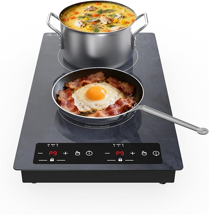 Double Induction Cooktop Portable Electric Cooktop 12 Inch, 110V Induction Burner Hot Plate with Safety Lock, Auto Shutoff Timer Setting, 9 Heating Level and Overheating Protection