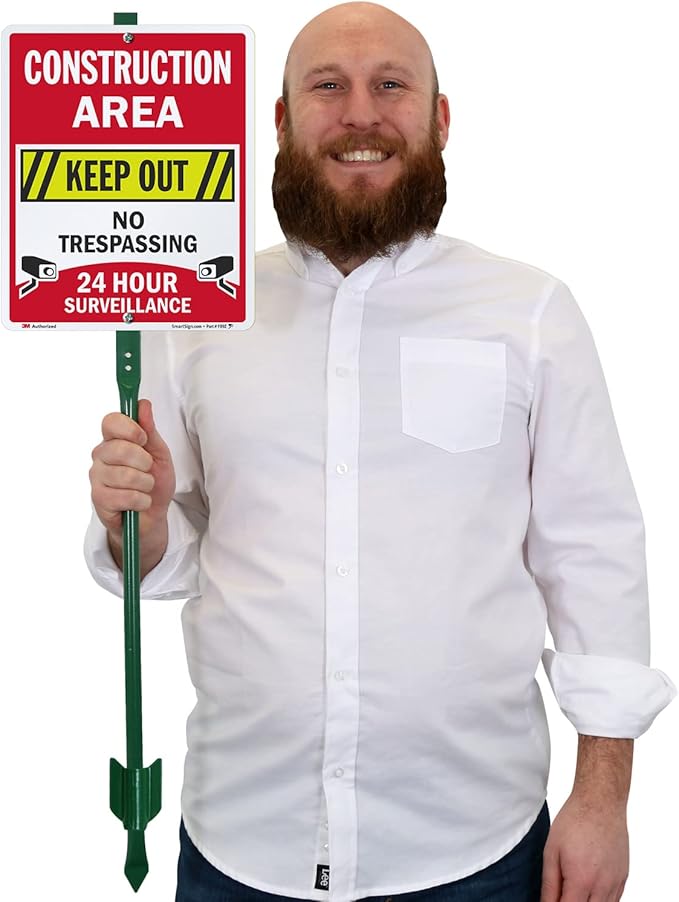 SmartSign 12" x 10" 'Construction Area Keep Out, No Trespassing, 24 Hour Surveillance' Yard Sign with 3 foot Stake, 40 mil Aluminum 3M Laminated Engineer Grade Reflective, Set of 1, USA-Made