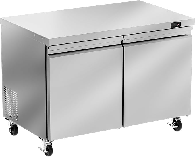 48" W Commercial Undercounter Freezer, 11.1 Cu.ft 2 Door Worktop Under Counter Freezer, Stainless Steel Commercial Kitchen Freezing Equipment for Restaurant, Bar, Shop, etc.