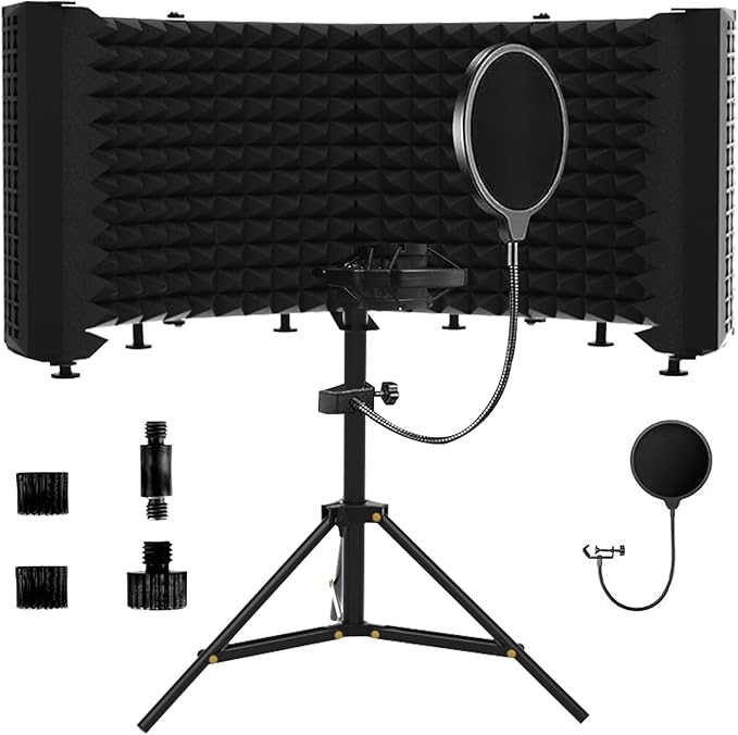 Microphone Isolation Shield – Foldable & Adjustable Soundproof Panel for Recording, Podcasting, Vocal Booth, Studio & Home Use (Six-sided low stand)