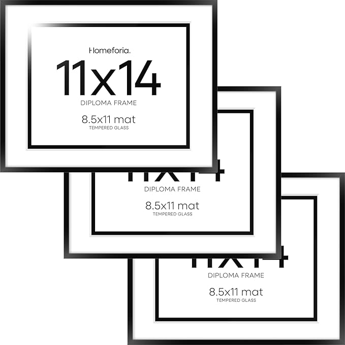 Homeforia 11x14 Diploma Frame Black, High End Metal 11 x 14 Certificate Frame with Mat 8.5 x 11 inch, 14x11 Document Frame Matted to 8.5x11, Award Graduation Frames, Tempered Glass, Wall Kit, Set of 3